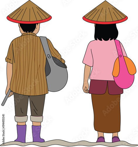 asian rural farmers walking back view, traditional conical hat villagers carrying bags countryside lifestyle illustration, flat vector illustration