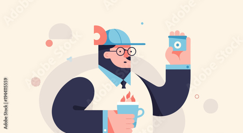 A stylized figure in a cap and glasses holds a hot beverage