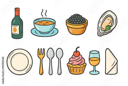 Food and dining flat icon set: gourmet, cutlery, wine, dessert icons collection