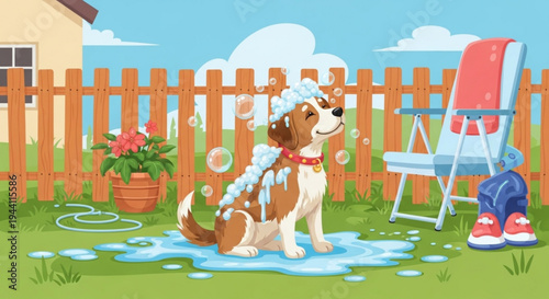 Brown and white dog getting washed outside in the backyard on a sunny day with bubbles and soap