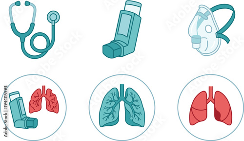 Asthma, lungs, inhaler, oxygen mask, stethoscope, respiratory, medical, healthcare, breathing, treatment, pulmonary, disease, hospital, diagnosis, therapy, anatomy, icon, set, flat, vector