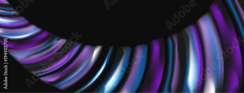 Abstract flowing ribbons, vibrant blues, purples, silver hues. Dynamic composition against dark background creates modern feel.