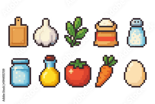 Cooking, kitchen pixel icon set. Culinary, food ingredients icons pixel collection