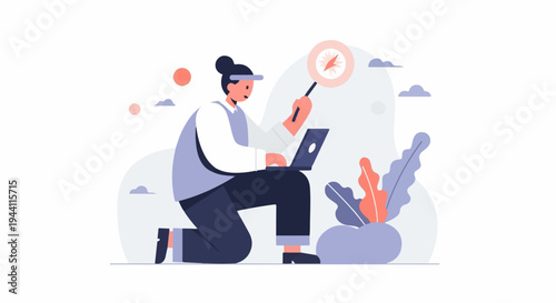 Person with laptop and magnifying glass examines a bright object