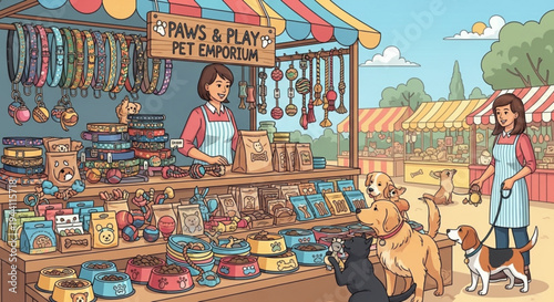 Pet store with dogs and pet supplies on display outside