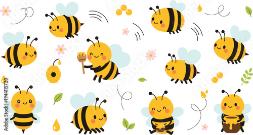 Cute Honey Bee Cartoon Vector Collection Featuring Adorable Bees Flying, Collecting Honey and Pollinating Flowers with Honeycomb, Leaves and Nature Elements.