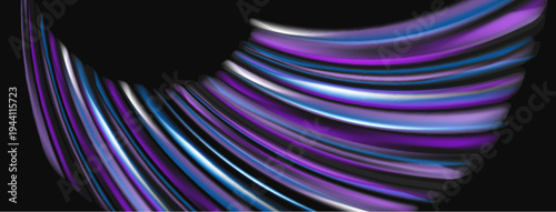 Abstract flowing lines create dynamic purple, blue gradient. Modern design evokes movement, energy, sophistication. Minimalist background emphasizes form.