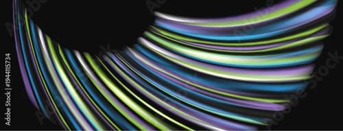 Abstract lines create dynamic, colorful arc. Gradient shades blend, forming flowing visual pattern. Dark background emphasizes bright curves.