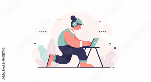 Person in headphones typing on laptop at a small table with abstract background elements