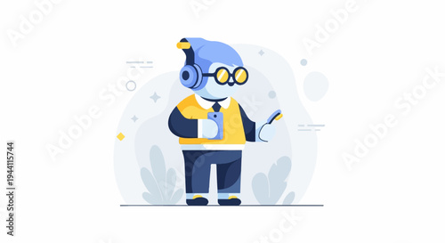 Animated character with headphones, glasses, holding a phone and stylus