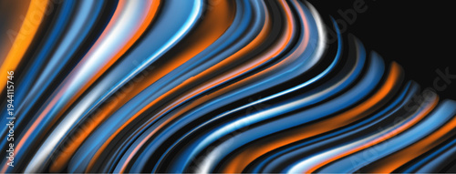 Abstract waves, vibrant blue, orange hues. Smooth curves create dynamic, flowing pattern. Modern digital art presentation.