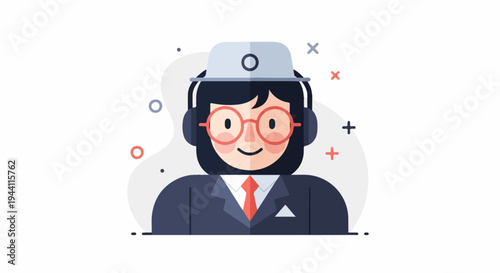 Flat cartoon portrait of a person with headphones and glasses, wearing a suit and hat