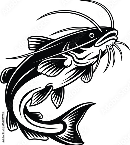 A black and white illustration of a catfish jumping out of the water