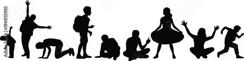 children silhouette activity set, kids playing running sitting jumping school kids poses collection isolated, flat vector illustration