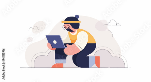 Stylized figure kneels, engrossed in a laptop against abstract cloudy background
