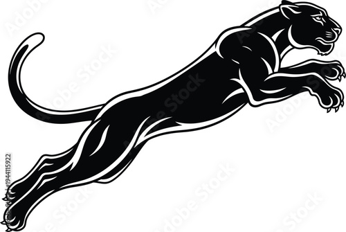 A black panther jumping to the right with its mouth open