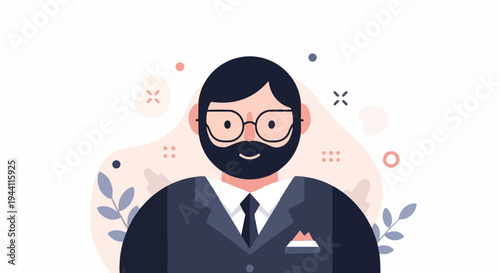 A stylized portrait of a bearded man in a suit with glasses