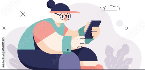 Stylized character with glasses using a digital device on a white background