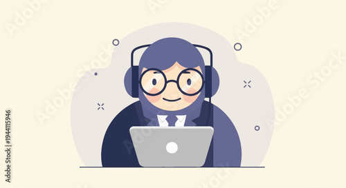 Cheerful person in headphones and glasses works on laptop