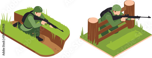 Isometric soldier combat positions set, military infantry aiming rifle from trench and cover, battlefield tactical defense illustration