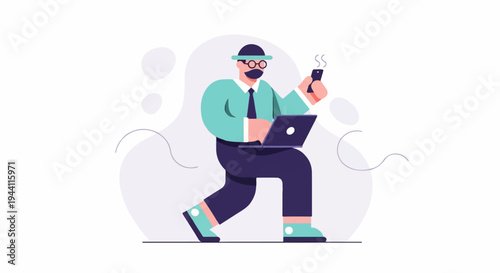 Businessman with laptop and phone, moving forward with purpose