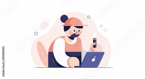 A person with a hat and beard works on a laptop with a candle