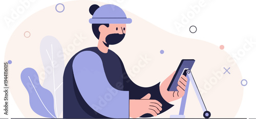 Person wearing mask and hat using a digital tablet on a stand