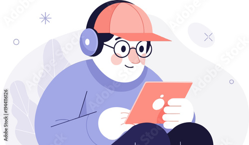 Cheerful person with headphones and tablet, flat illustration style