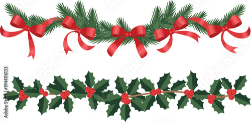 christmas garland decoration set with pine branches red bows and holly berries festive holiday border design, flat vector illustration
