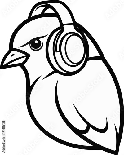 Stylized black and white outline of a bird wearing headphones, listening to music