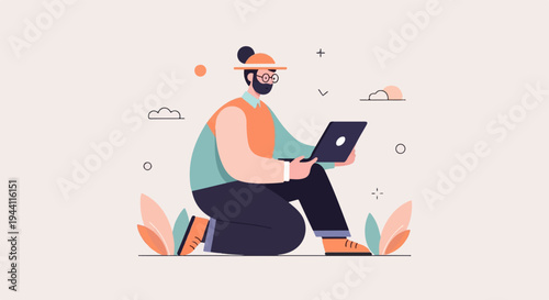 Stylized man in hat and glasses works on laptop, seated among abstract plants and shapes