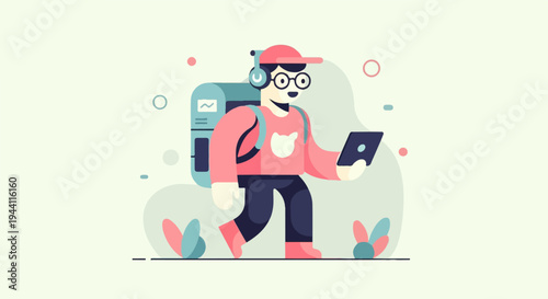 A person with a backpack and headphones walks while holding a tablet