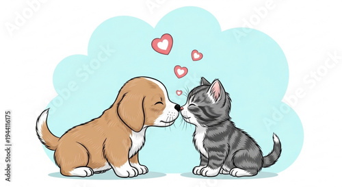 Cute dog and kitten sharing a tender kiss with hearts friendship and love concept