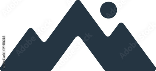 Dark silhouette icon depicts mountain peaks under a small sun.
