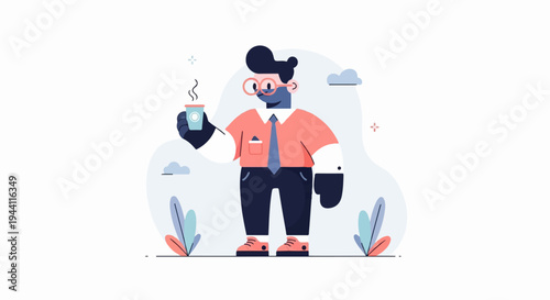 Character in suit holding coffee cup with steam, surrounded by abstract shapes and plants