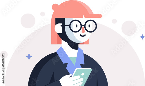 Stylized professional with glasses using a mobile device