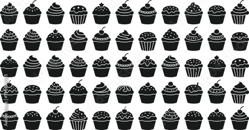 Cupcake, dessert, bakery, sweet, cake, muffin, frosting, pastry, food, collection, icon, set, silhouette, isolated, baking, decoration, tasty, snack, flat, vector