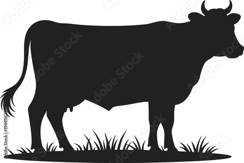 Black cow silhouette standing on grass, farm animal vector illustration isolated, cattle livestock icon for agriculture, dairy farming design