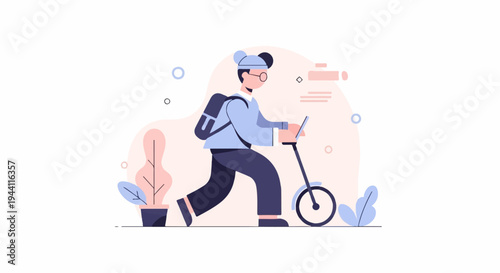 Person with backpack rides a scooter through a minimalist stylized landscape