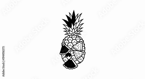 Stylized black and white pineapple art with fruit slices forming a face