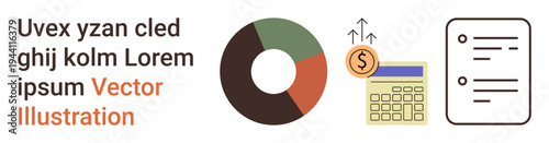Business analytics, financial planning, investment insights, economic data, budgeting, reporting. Pie chart with data, calculator for calculations and document . Financial planning and reporting
