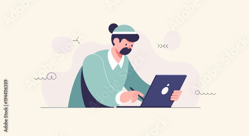 A person in a teal top and hat, using a tablet with a stylus