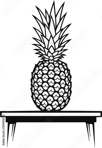Black and white drawing of a pineapple with spiky leaves on a table