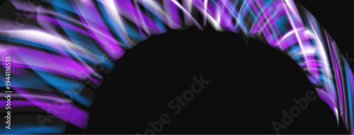 Abstract light streaks form curved shape against black background. Vivid purple, blue hues dominate composition. Dynamic energy radiates.