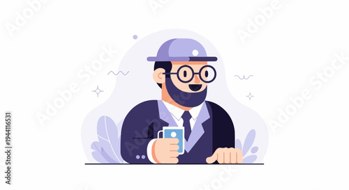 Stylized man in suit and hat holding a mug, surrounded by abstract shapes and leaves