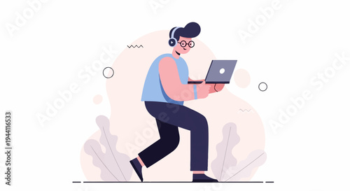 Animated person wearing headphones walks with a laptop