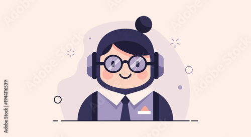 Cheerful person wearing glasses and headphones, service oriented
