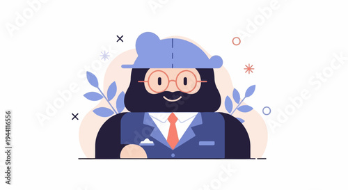 Stylized cartoon man with beard, glasses, hat, and suit