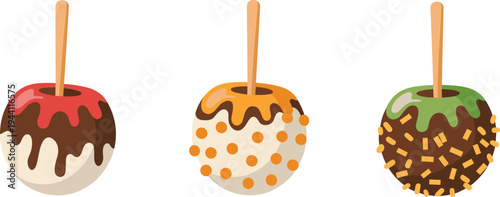 Candy apple set with chocolate caramel and sprinkles, sweet dessert treat illustration isolated vector for bakery, festival food design