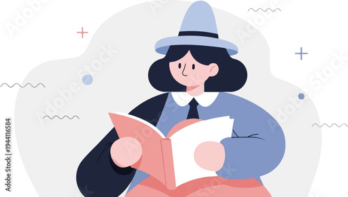 Whimsical illustration of a person in a hat reading an open book